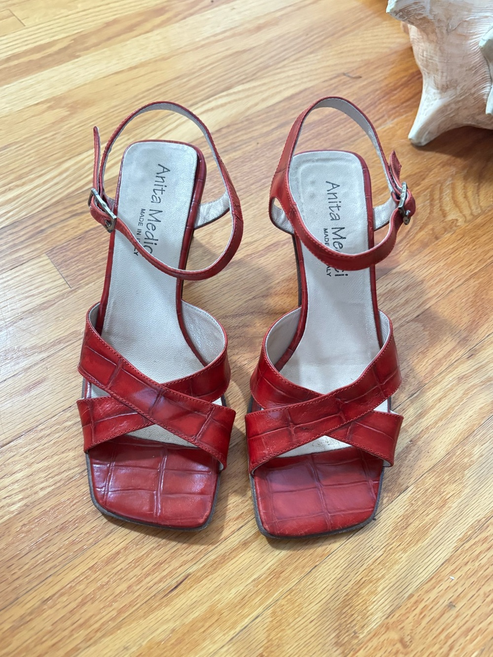 Red Leather Crisscross Heeled Sandals